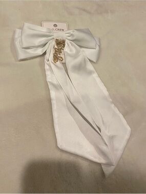 White Satin Bow Hair Tie with Gold Script Bride Charm